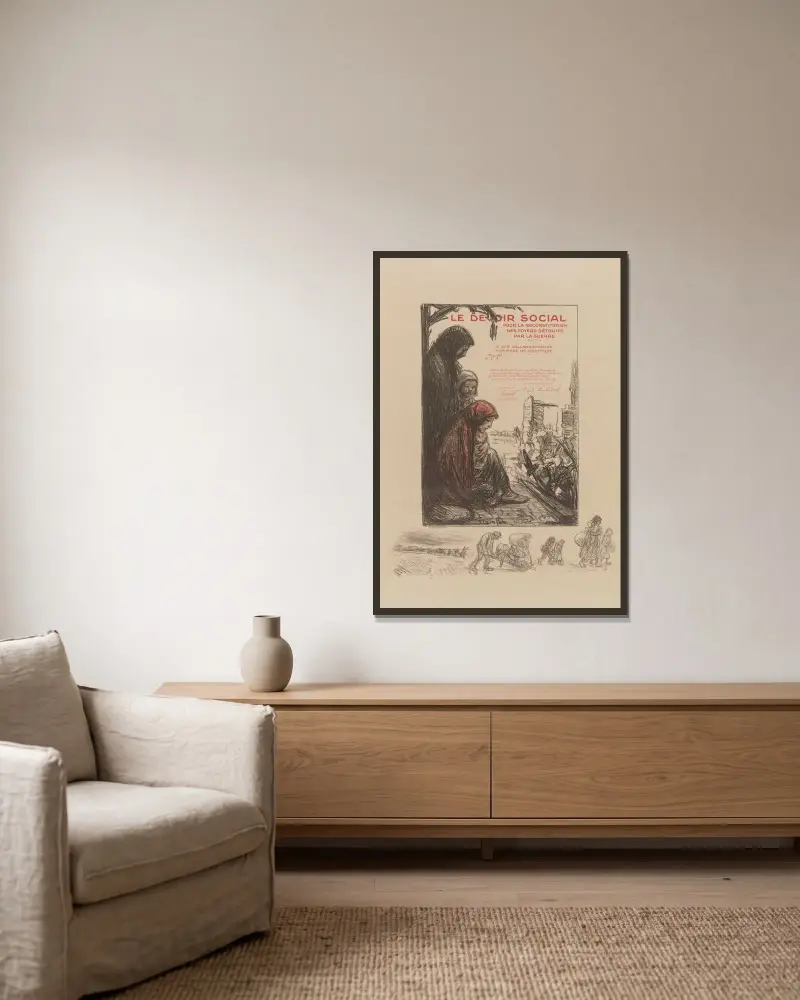Le devoir social pour la reconstitution des foyers détruits par la guerre av Théophile Alexandre Steinlen inramad på en vägg