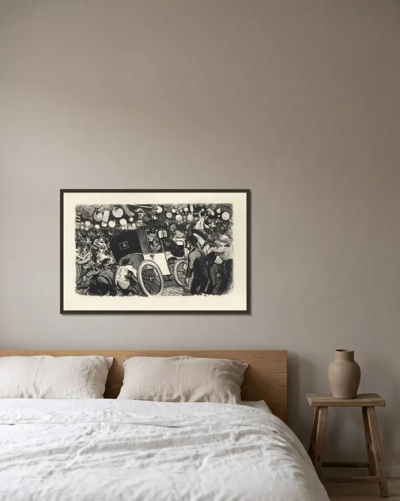 Le fiacre de l’Etat av Théophile Alexandre Steinlen inramad på en vägg