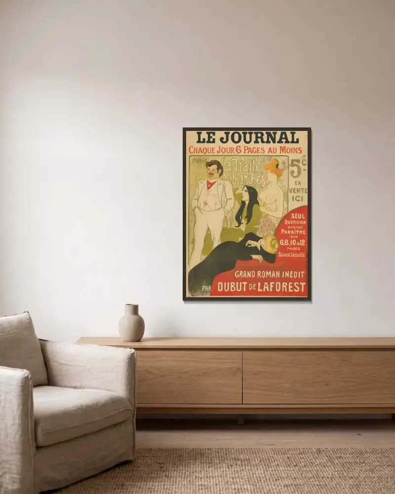 Le Journal. La Traite des Blanches. Grand Roman inédit par Dubut de Laforest av Théophile Alexandre Steinlen inramad på en vägg