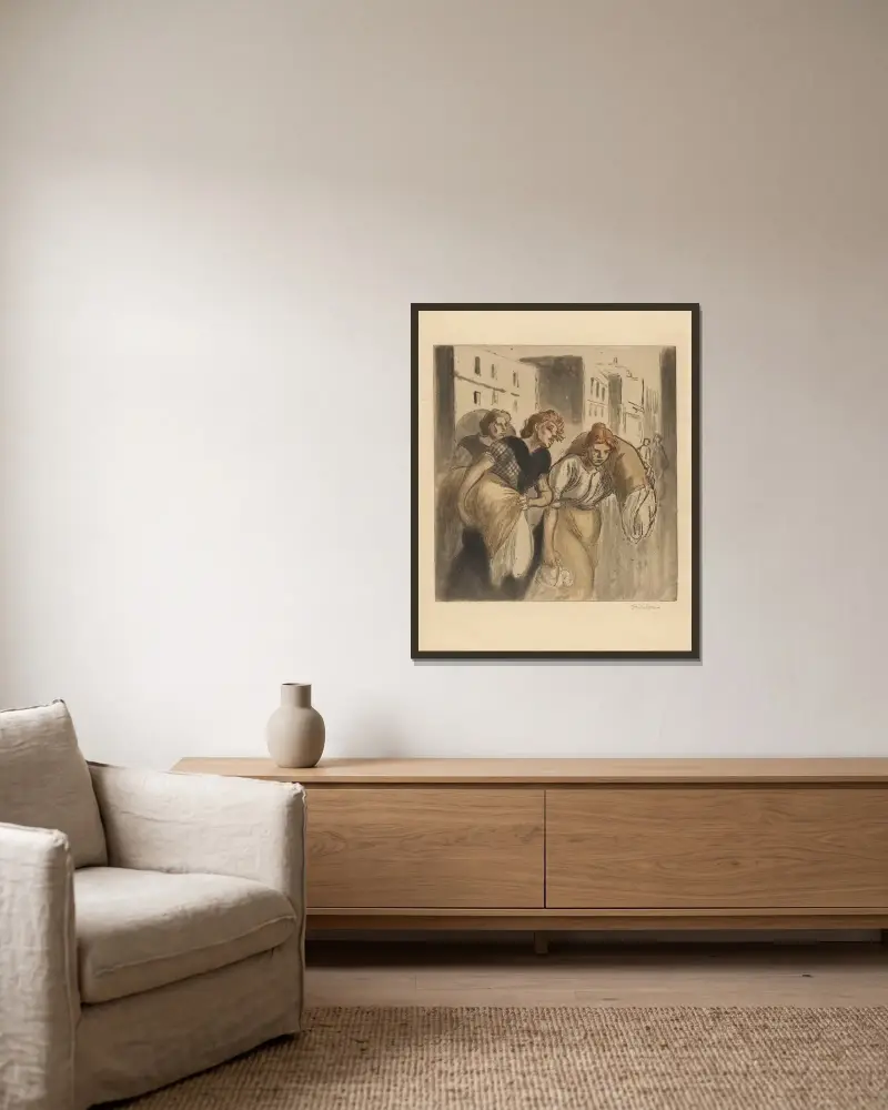 Die Rückkehr vom Waschplatz von Théophile Alexandre Steinlen gerahmt an einer Wand
