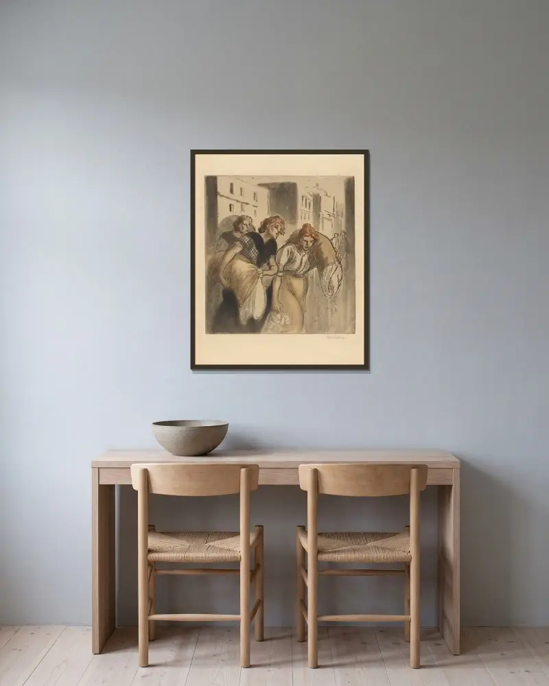 Die Rückkehr vom Waschplatz von Théophile Alexandre Steinlen gerahmt an einer Wand
