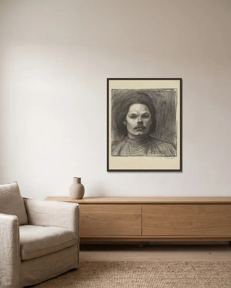 Maxim Gorkij rakt framifrån, till axlarna av Théophile Alexandre Steinlen inramad på en vägg