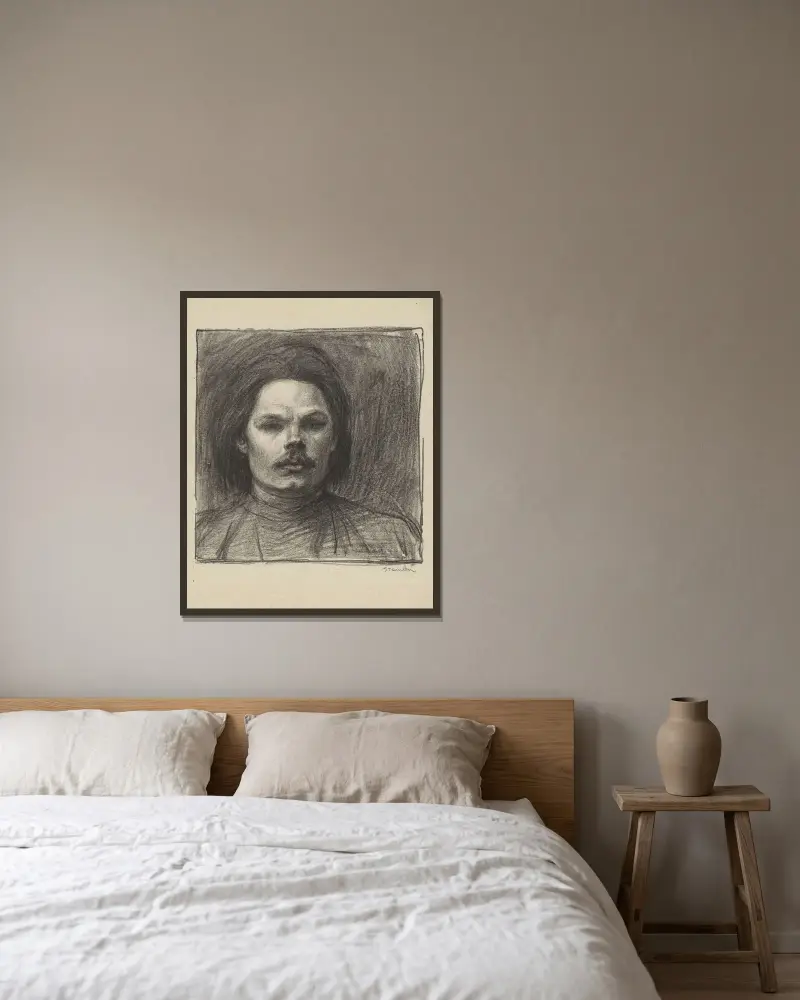 Maxim Gorkij rakt framifrån, till axlarna av Théophile Alexandre Steinlen inramad på en vägg