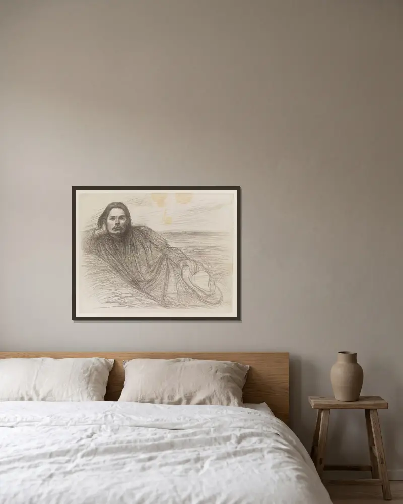 Maxim Gorkij liggande av Théophile Alexandre Steinlen inramad på en vägg