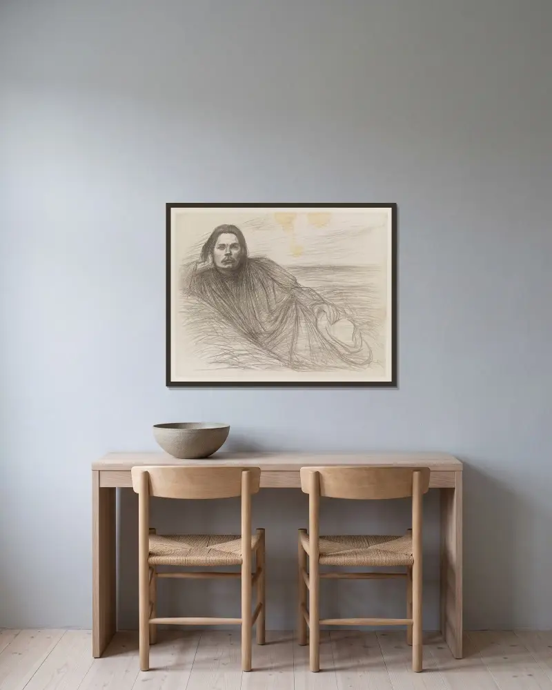 Maxim Gorkij liggande av Théophile Alexandre Steinlen inramad på en vägg