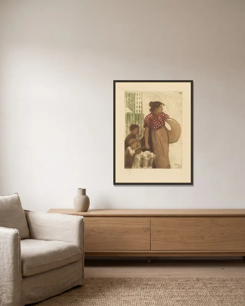 Hushållerska och barn på väg hem från tvättstugan av Théophile Alexandre Steinlen inramad på en vägg