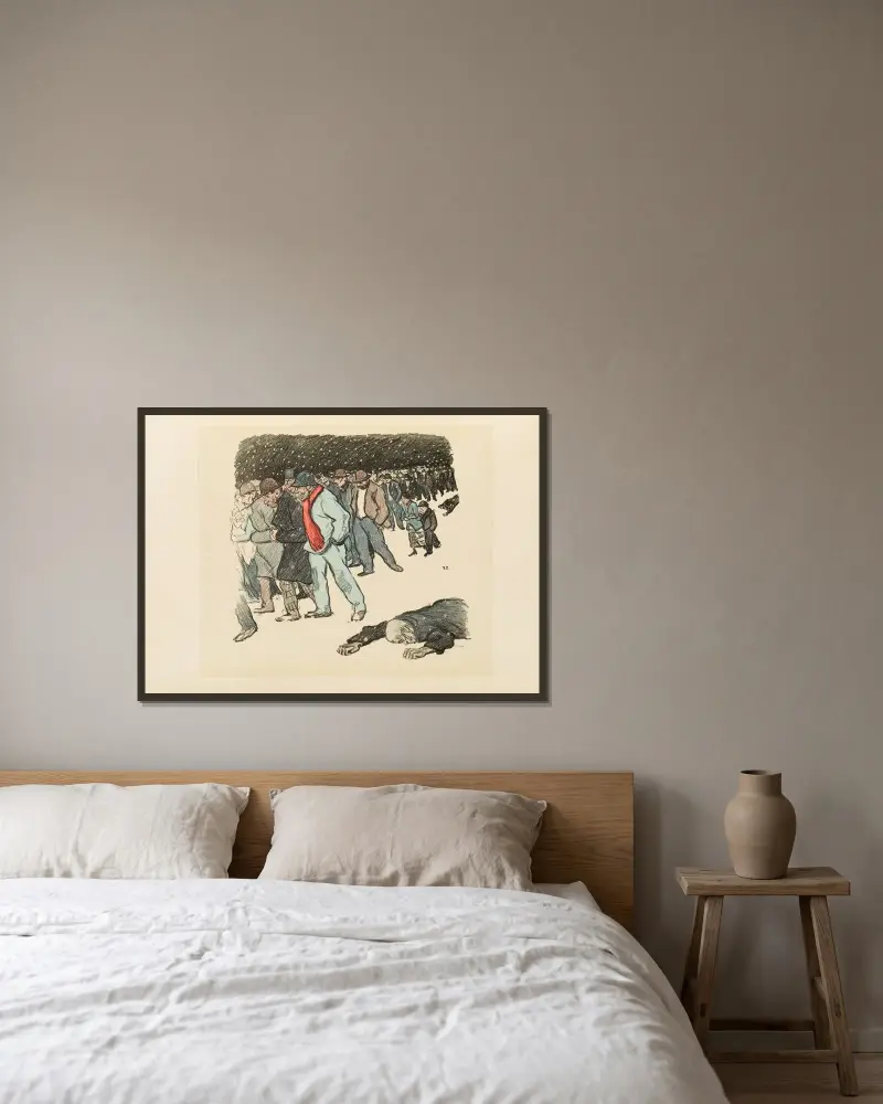 Misär i snön av Théophile Alexandre Steinlen inramad på en vägg