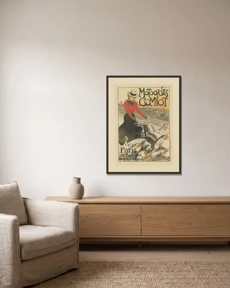 Motocycles, Comiot Paris, 87 Boulevart, Gouvion-St-Cyr av Théophile Alexandre Steinlen inramad på en vägg