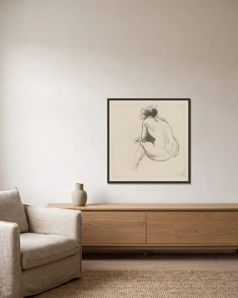 Sittande kvinnlig nakenstudie, bakifrån av Théophile Alexandre Steinlen inramad på en vägg