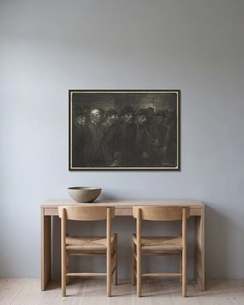 Arbetare lämnar fabriken av Théophile Alexandre Steinlen inramad på en vägg