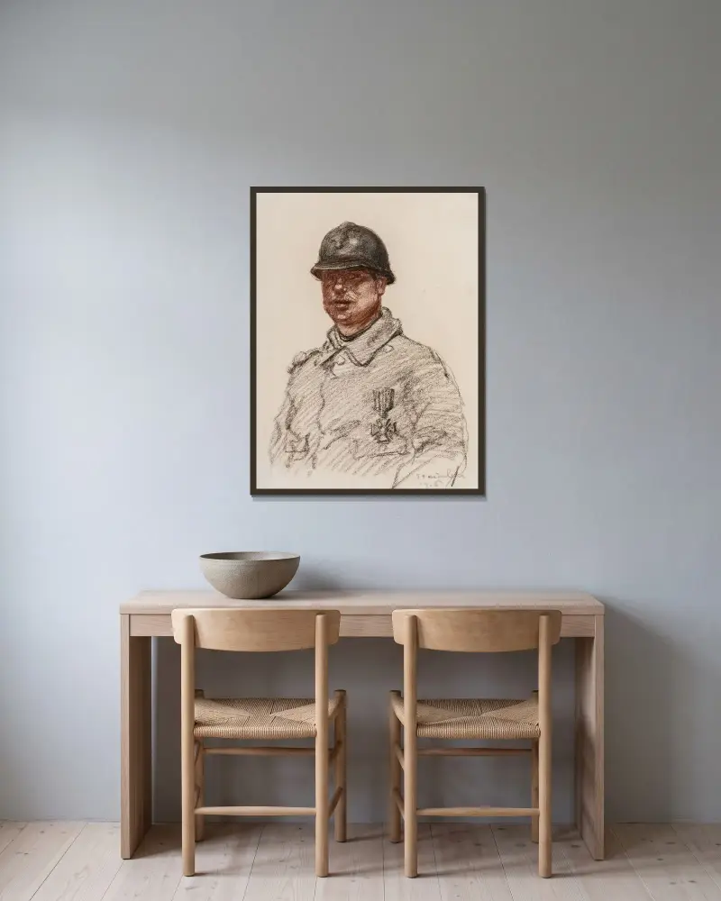 Porträtt av en soldat av Théophile Alexandre Steinlen inramad på en vägg