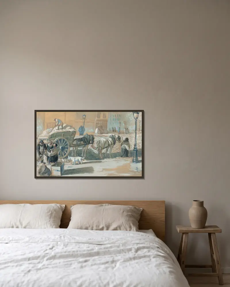 Parisscen i vinter av Théophile Alexandre Steinlen inramad på en vägg