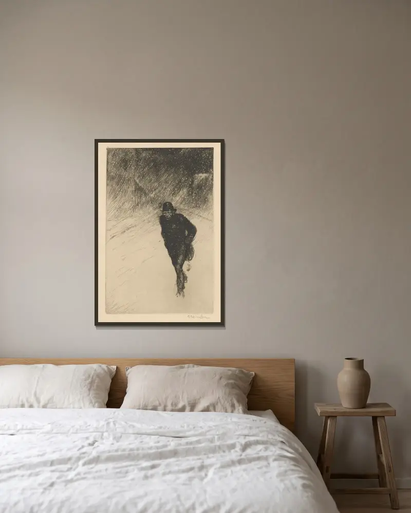 Vagabond under snön av Théophile Alexandre Steinlen inramad på en vägg