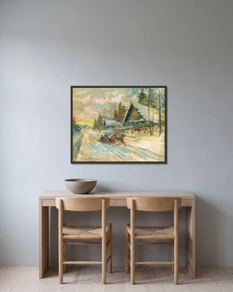 Dragspelare i släde av Konstantin Alexeevich Korovin inramad på en vägg