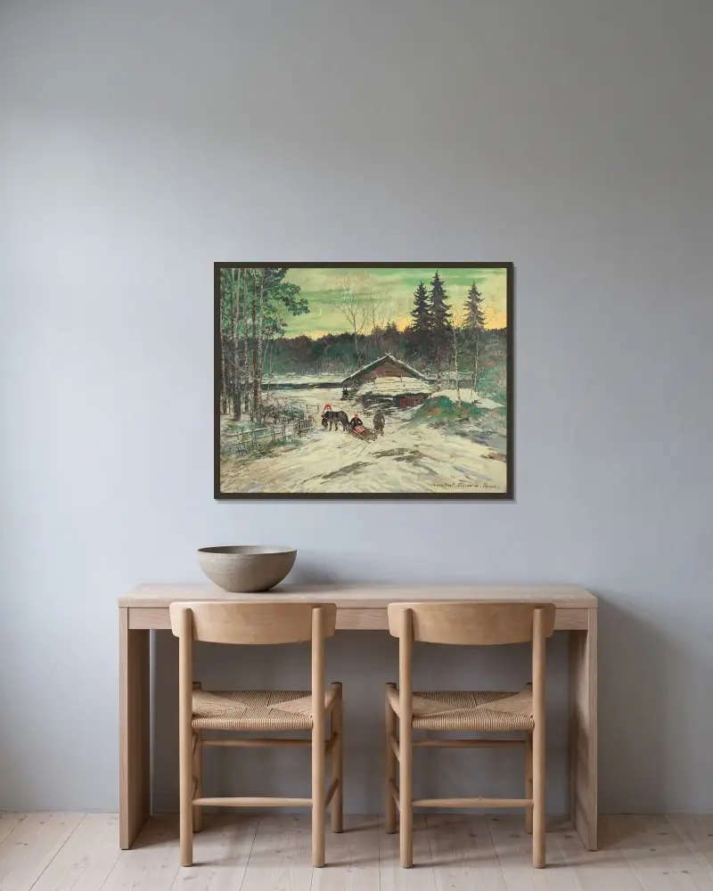 Jägare samtalar med en kvinna i en släde av Konstantin Alexeevich Korovin inramad på en vägg