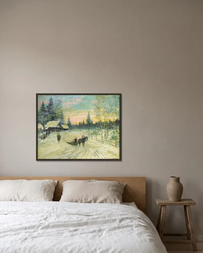 Junge Frau auf einem Schlitten, der sich von einem Jäger entfernt von Konstantin Alexeevich Korovin gerahmt an einer Wand