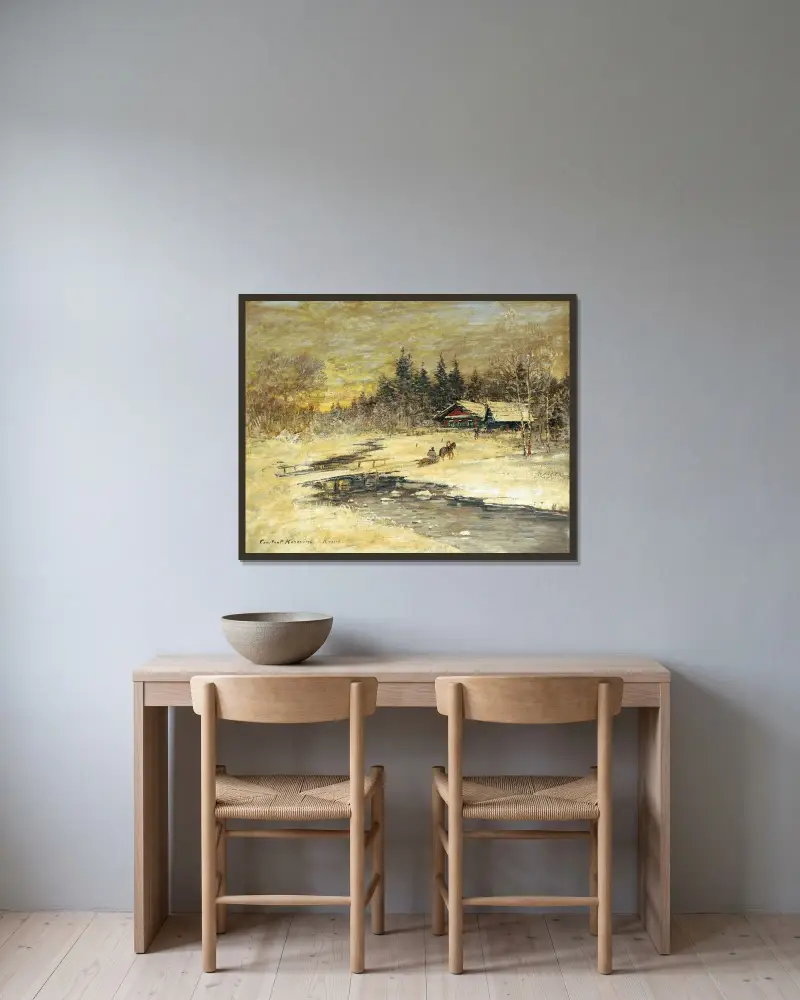 Släde på bro i solnedgång av Konstantin Alexeevich Korovin inramad på en vägg