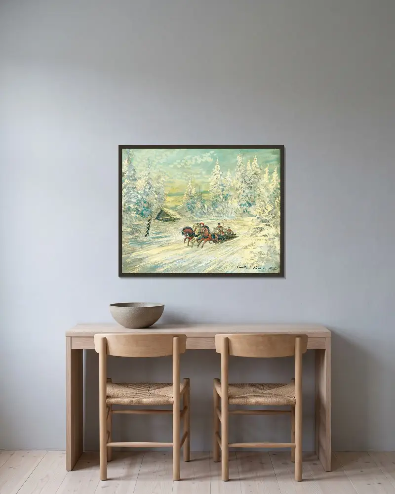 Trojkasläde i snö av Konstantin Alexeevich Korovin inramad på en vägg