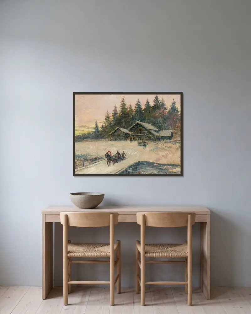 Winterszene mit Troika von Konstantin Alexeevich Korovin gerahmt an einer Wand