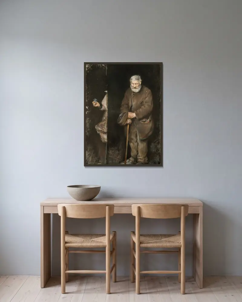 Den gamle tiggaren av Alf Wallander inramad på en vägg