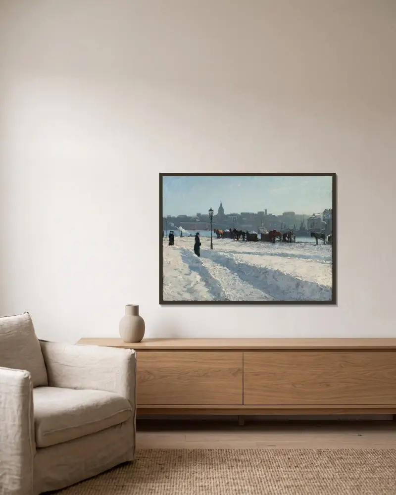 Winter Scene from the Stockholm Waterfront av Alfred Bergström inramad på en vägg