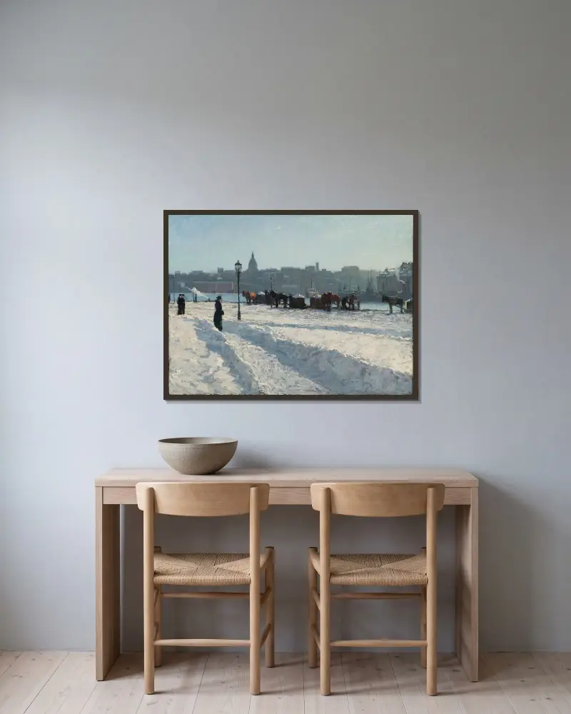 Winter Scene from the Stockholm Waterfront av Alfred Bergström inramad på en vägg