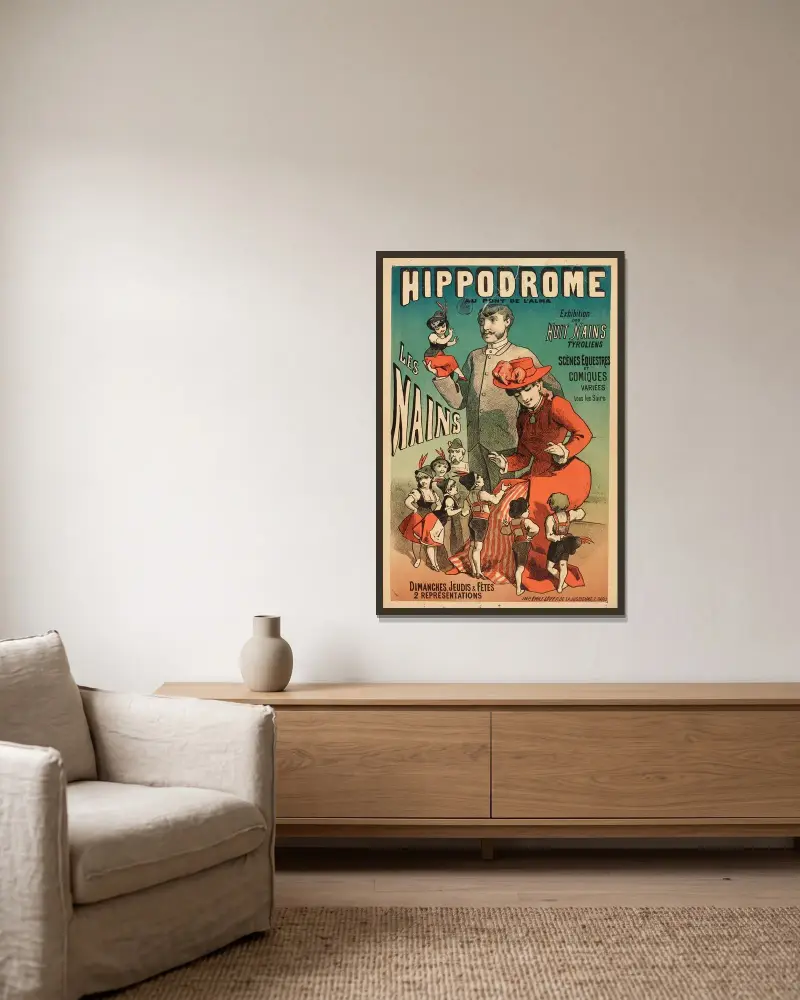 Hippodrome Au Pont De L’alma Les Nains Exhibition Des Huit Nains Tyroliens av Alfred Choubrac inramad på en vägg