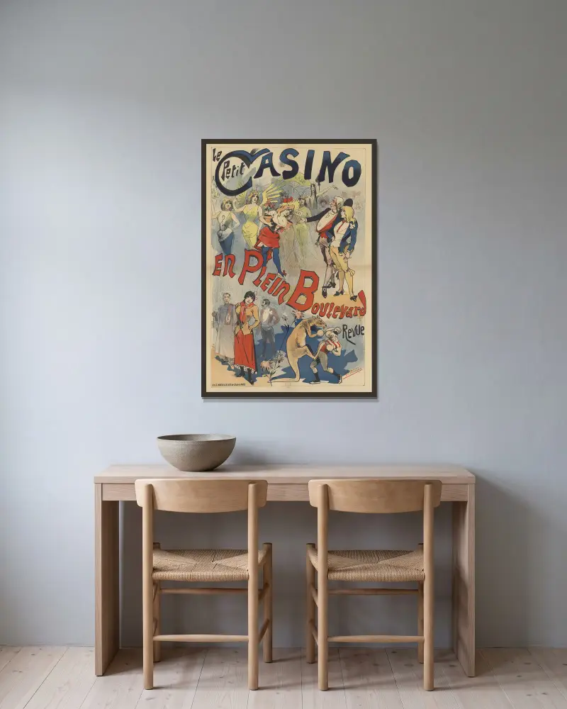 Le Petit Casino. En plein boulevard. Revue av Alfred Choubrac inramad på en vägg