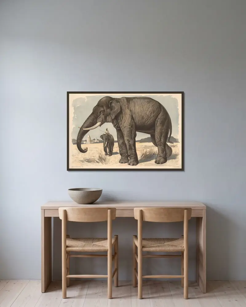 Elefant von Alfred Fiedler gerahmt an einer Wand