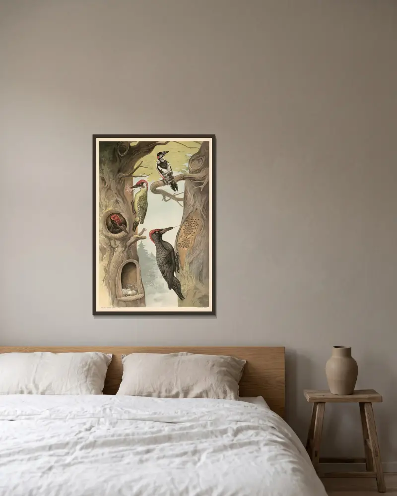 Woodpecker av Alfred Fiedler inramad på en vägg