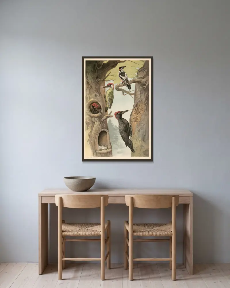 Woodpecker av Alfred Fiedler inramad på en vägg