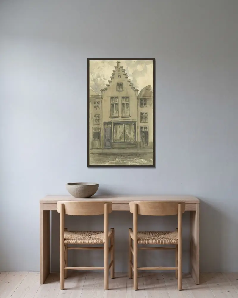 Zeichnung der Sint Antoniusstraat und Kastanien mit Kastanienblättern von Alfred Ost gerahmt an einer Wand