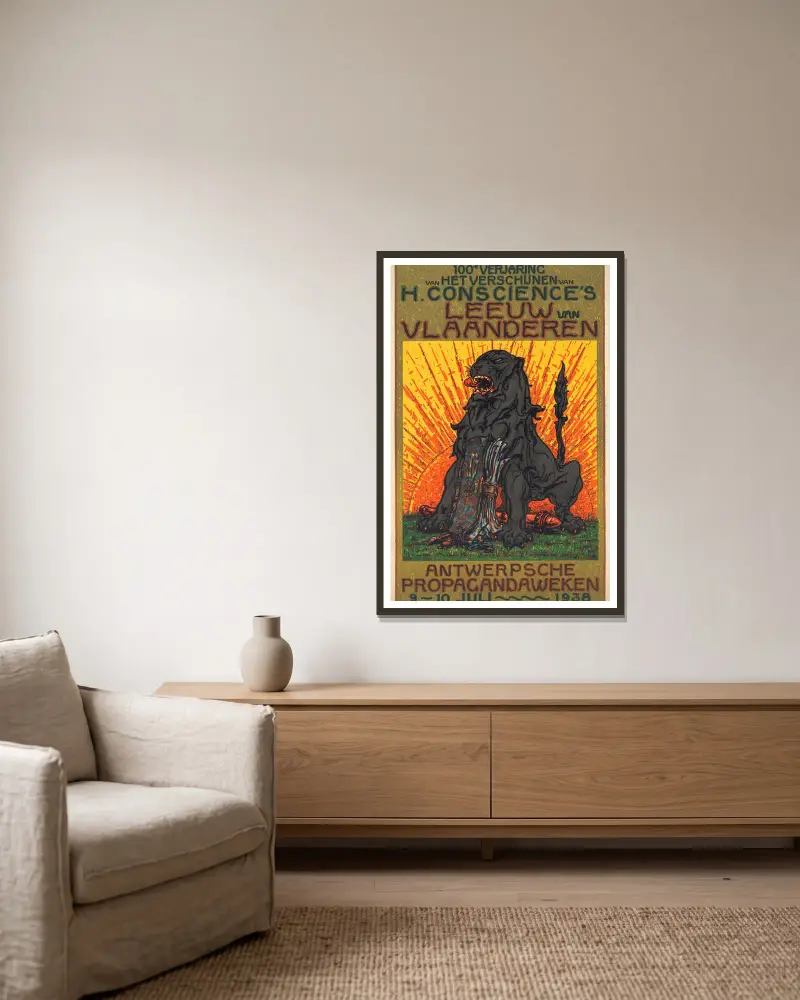 Affiche ter gelegenheid van het honderdjarig jubilieum van de publicatie van De Leeuw van Vlaanderen door Henri Conscience av Alfred Ost inramad på en vägg