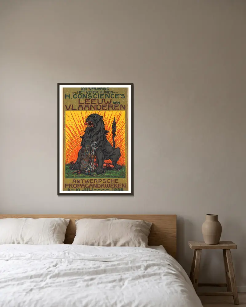 Affiche ter gelegenheid van het honderdjarig jubilieum van de publicatie van De Leeuw van Vlaanderen door Henri Conscience av Alfred Ost inramad på en vägg