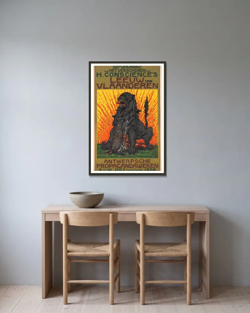 Affiche ter gelegenheid van het honderdjarig jubilieum van de publicatie van De Leeuw van Vlaanderen door Henri Conscience av Alfred Ost inramad på en vägg
