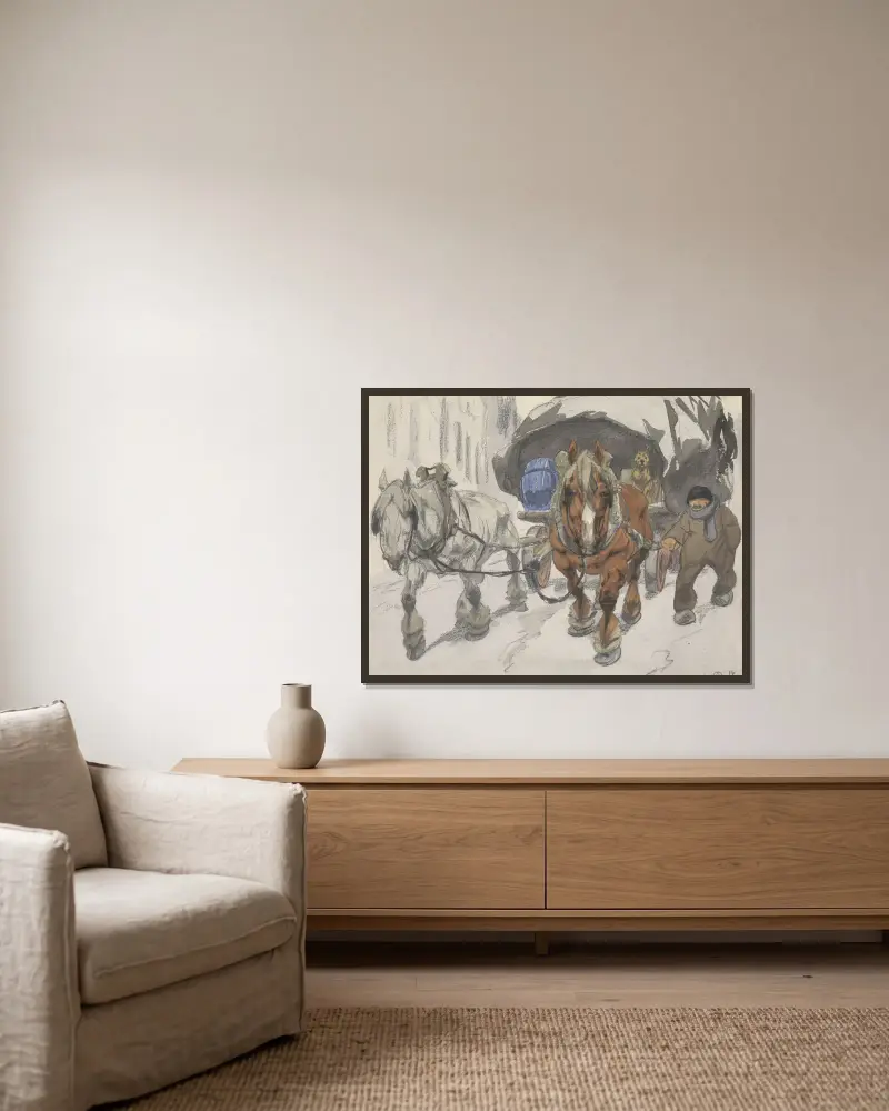 Boerenwagen met twee paarden ervoor av Alfred Ost inramad på en vägg