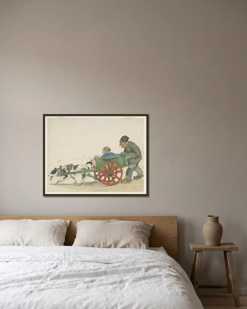 Bondkvinna i hundkärra framskjuten av en bonde av Alfred Ost inramad på en vägg