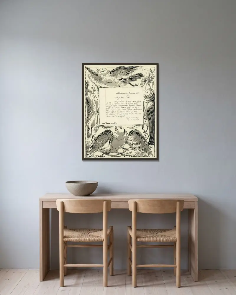 Brevillustration med sparvar av Alfred Ost inramad på en vägg