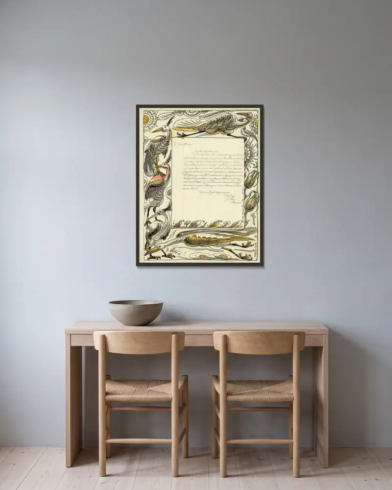 Affischillustration påfåglar av Alfred Ost inramad på en vägg