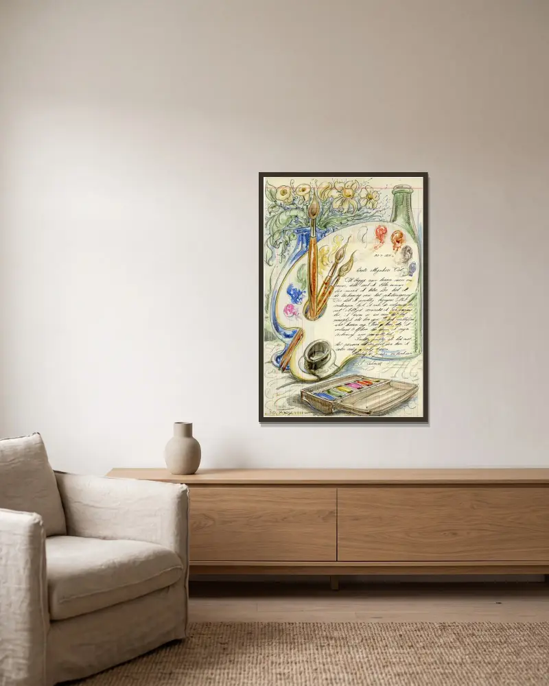 Briefillustration Malkasten von Alfred Ost gerahmt an einer Wand