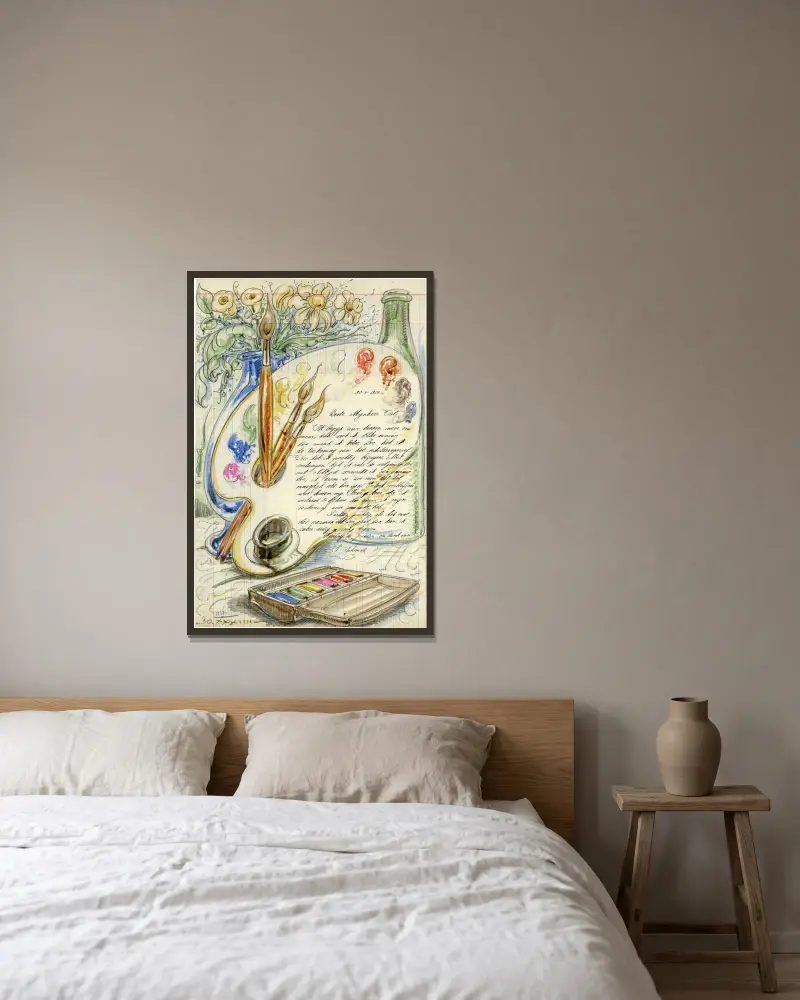 Briefillustration Malkasten von Alfred Ost gerahmt an einer Wand