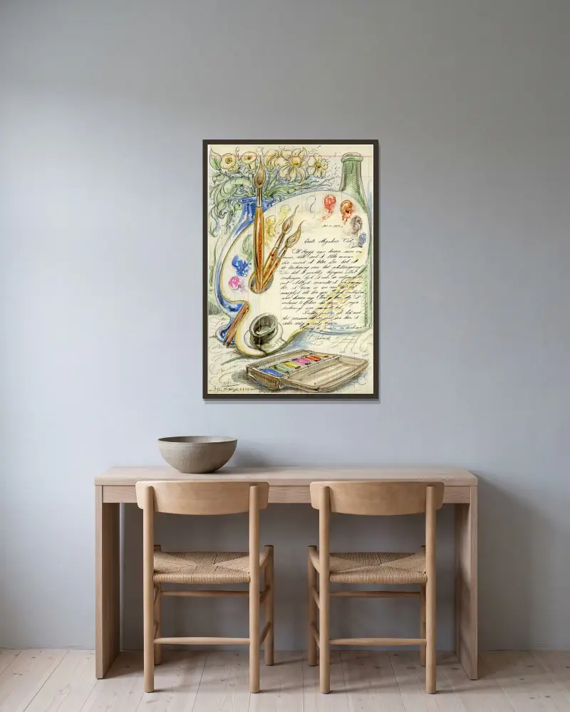 Briefillustration Malkasten von Alfred Ost gerahmt an einer Wand