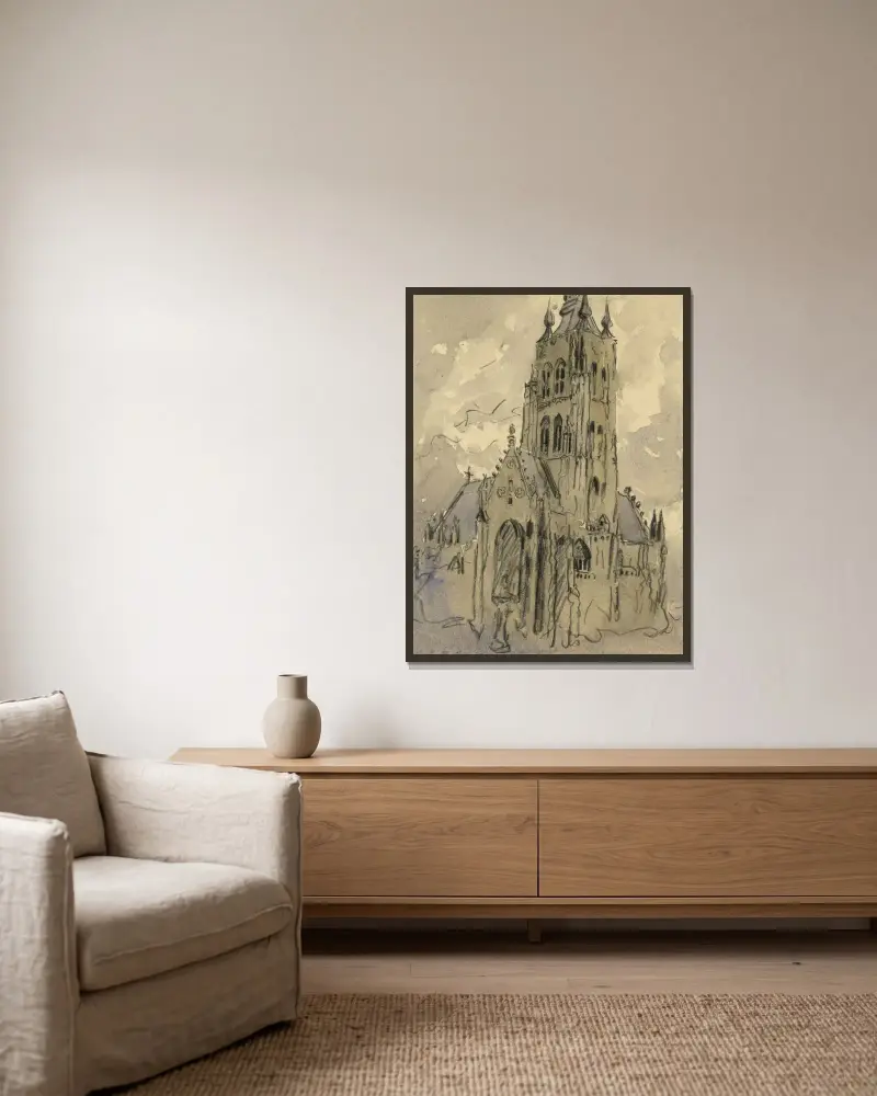 Buitenzicht kerk av Alfred Ost inramad på en vägg
