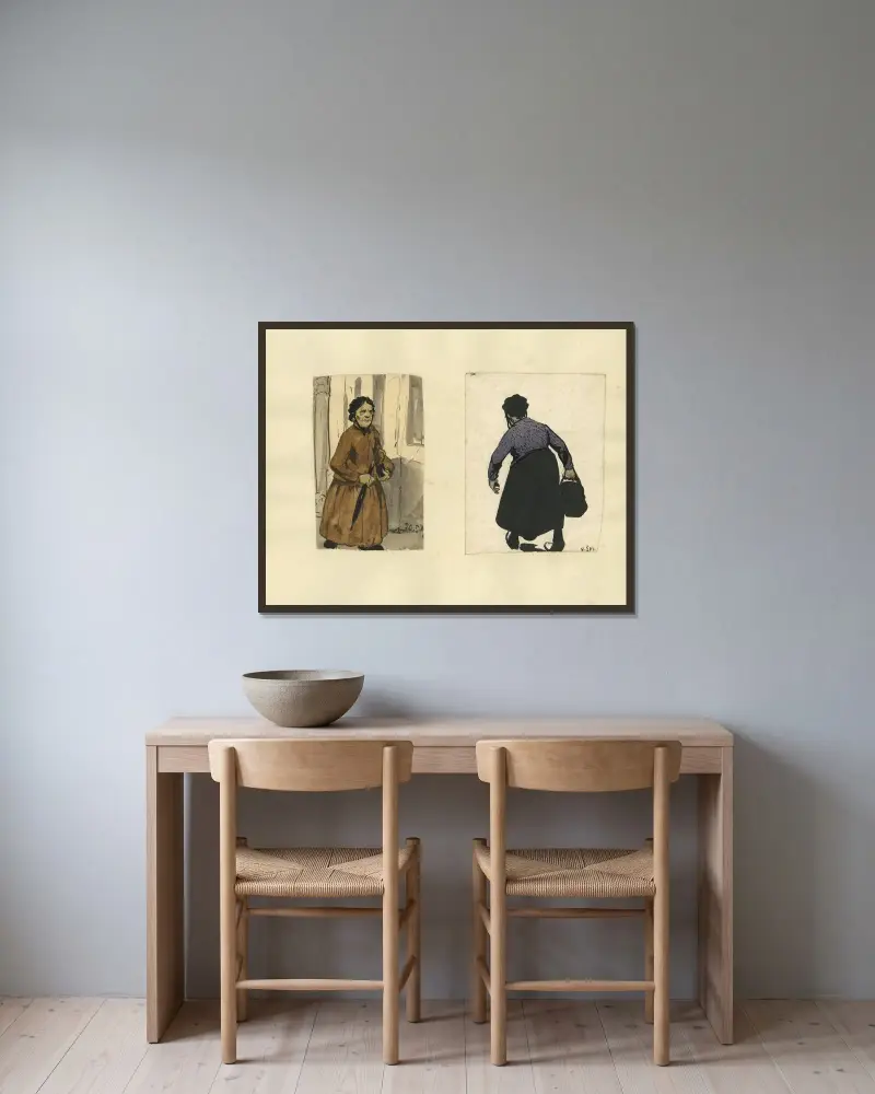 Dame met pluimhoed en Achterzijde van dame met handtas av Alfred Ost inramad på en vägg