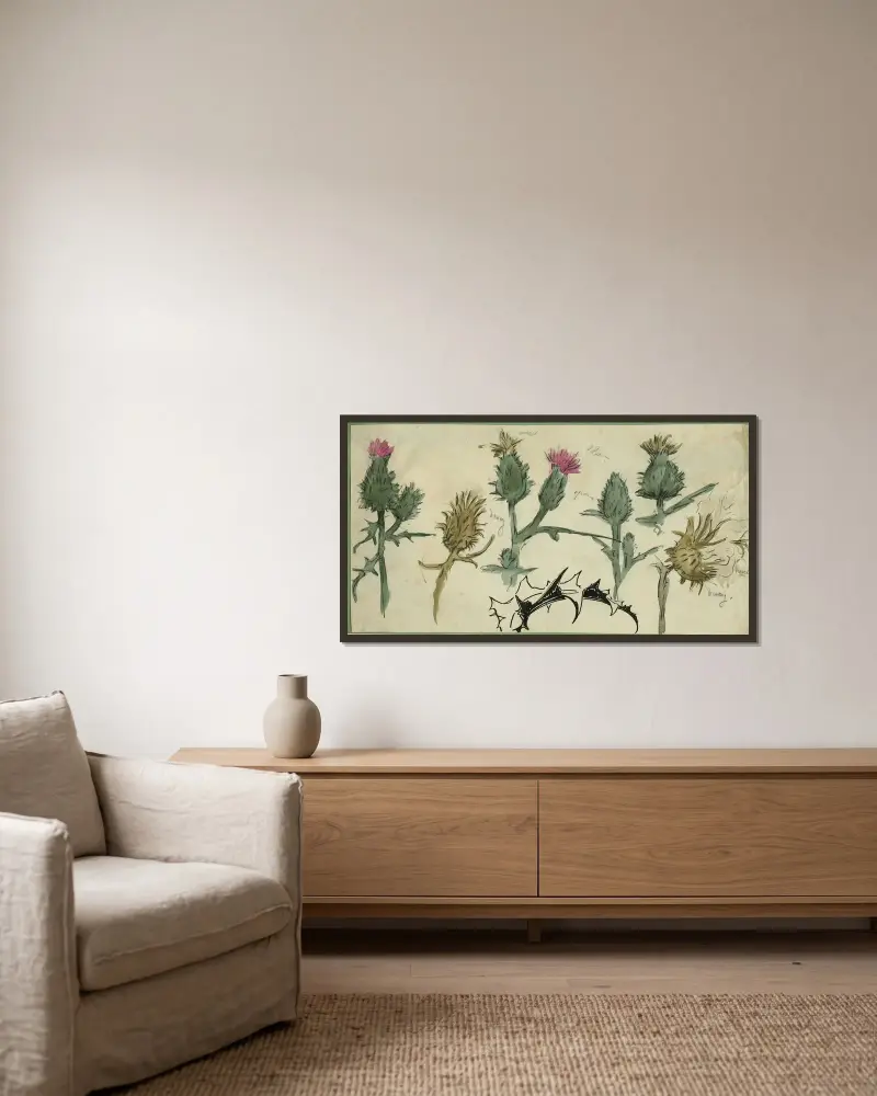 Tistelblommor av Alfred Ost inramad på en vägg