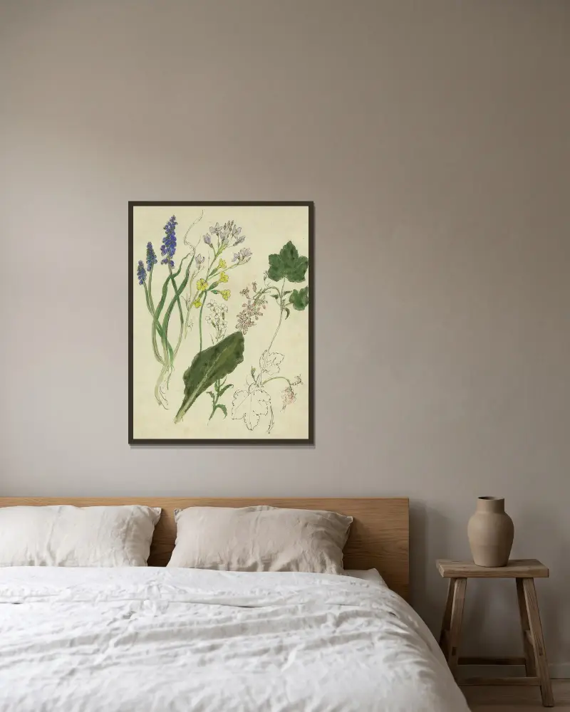 Duvhyacint, pingstblomma, slanke nyckelblomma, randjesblomma och röd vinbärsbuske av Alfred Ost inramad på en vägg