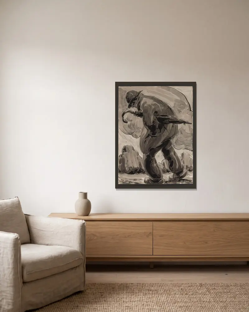 Auszug aus der Serie „Der Mann mit dem Stein“ von Alfred Ost gerahmt an einer Wand