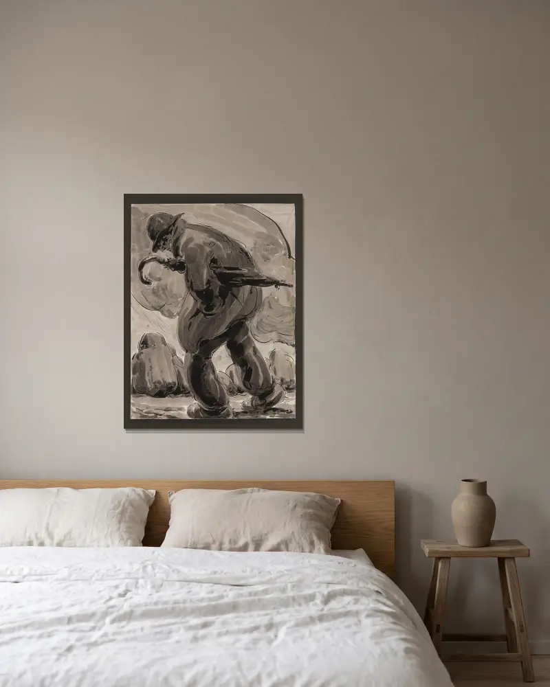 Auszug aus der Serie „Der Mann mit dem Stein“ von Alfred Ost gerahmt an einer Wand