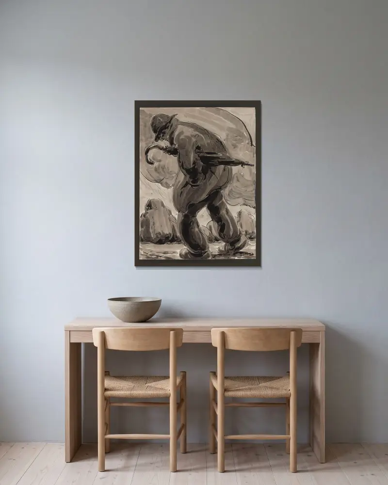 Auszug aus der Serie „Der Mann mit dem Stein“ von Alfred Ost gerahmt an einer Wand