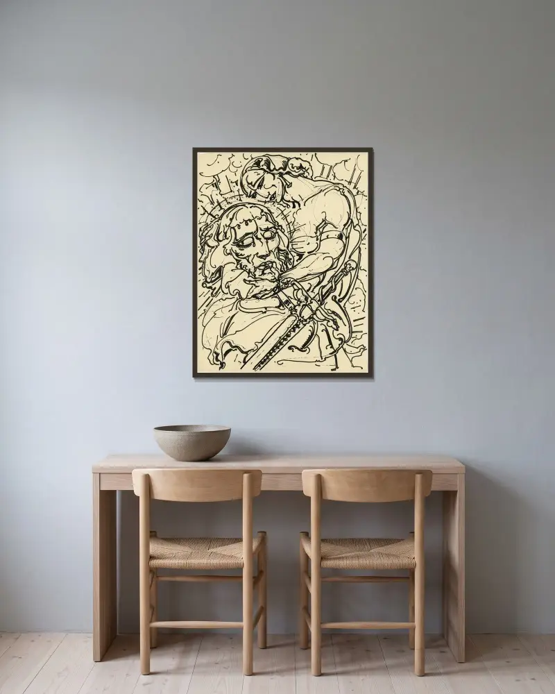 Figur med dolk av Alfred Ost inramad på en vägg